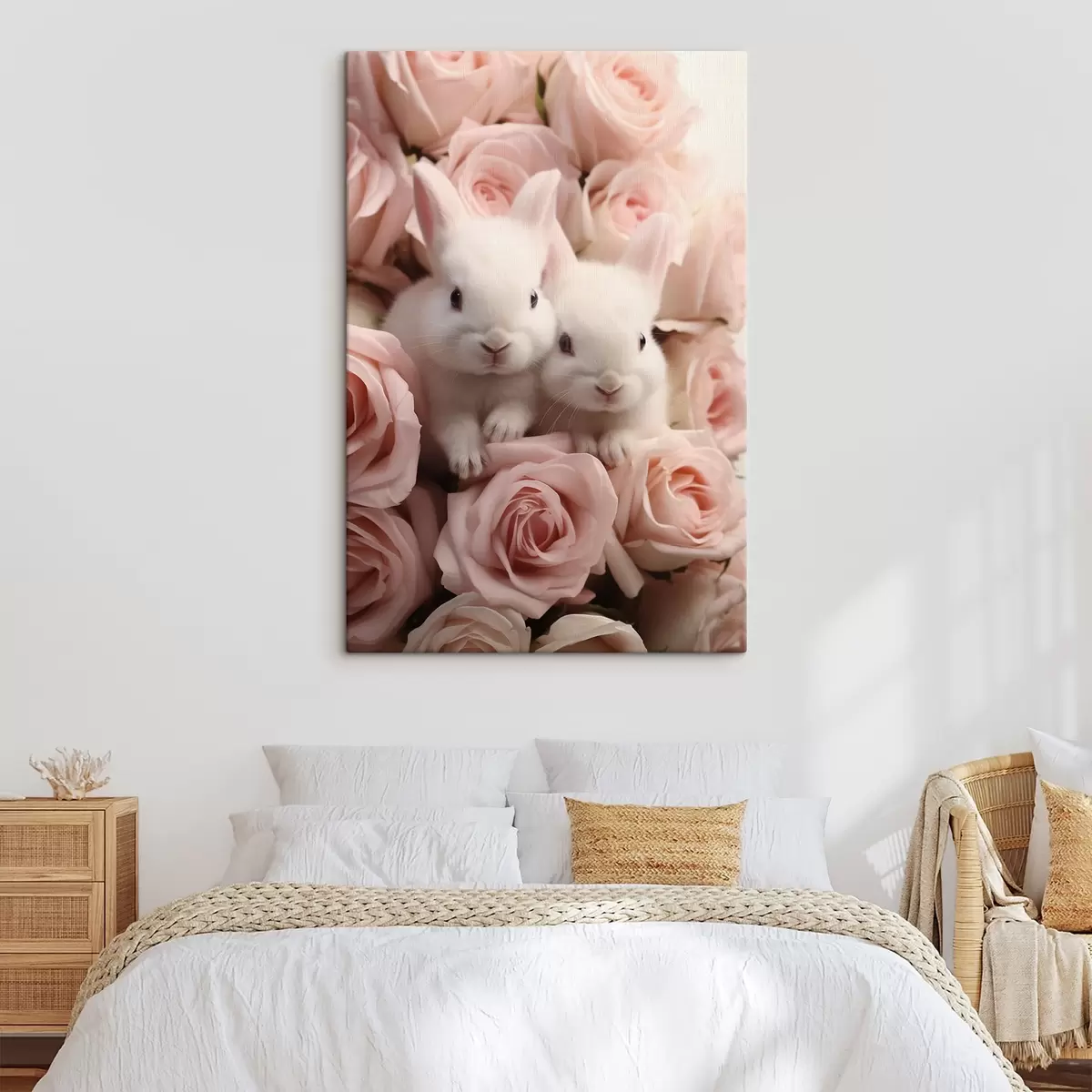Wandbilder Zwei weiße Kaninchen in zarten Rosenblüten s44380