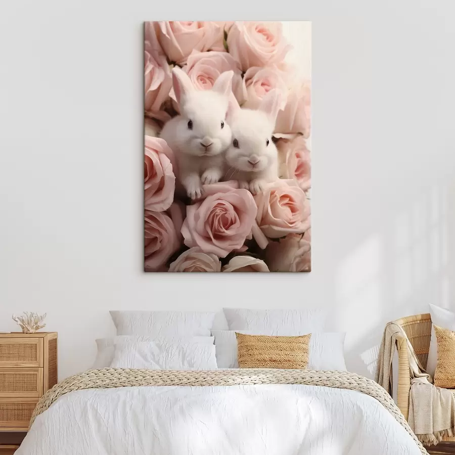 Wandbilder Zwei weiße Kaninchen in zarten Rosenblüten s44380