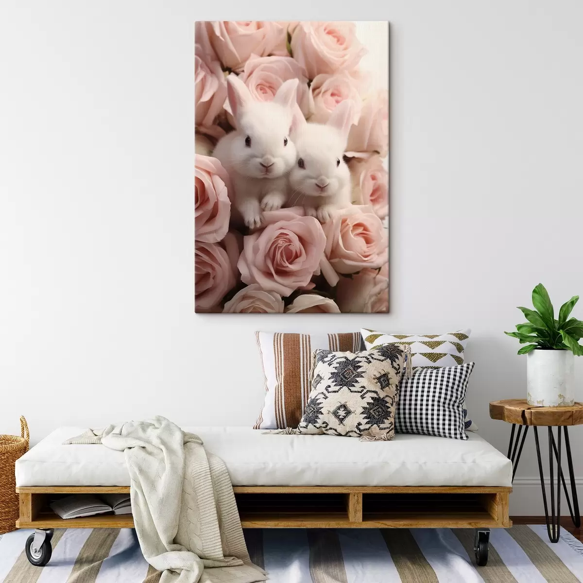 Wandbilder Zwei weiße Kaninchen in zarten Rosenblüten s44380