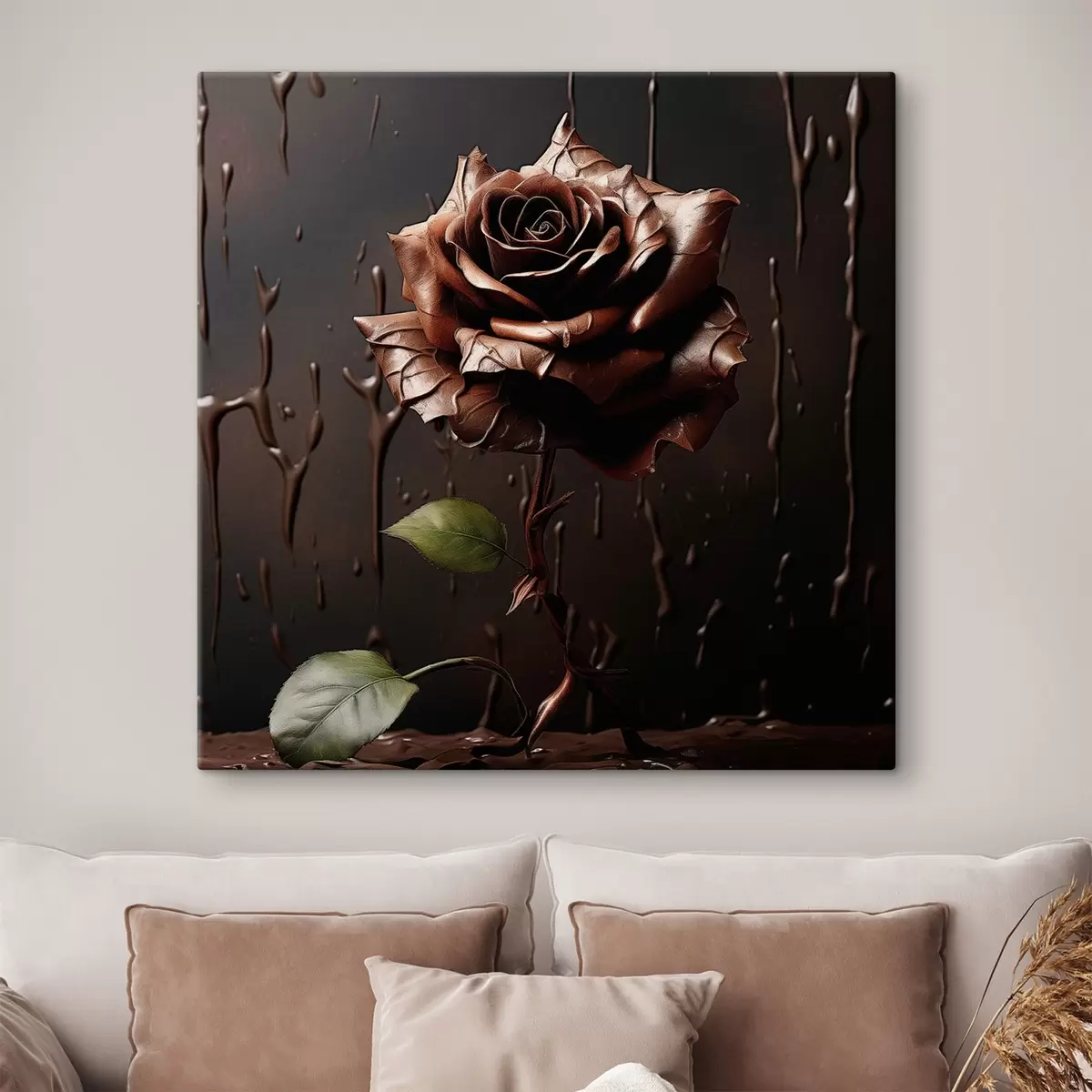 Wandbilder Braune Rose auf dunklem Hintergrund mit Schokoladenspritzern s44381