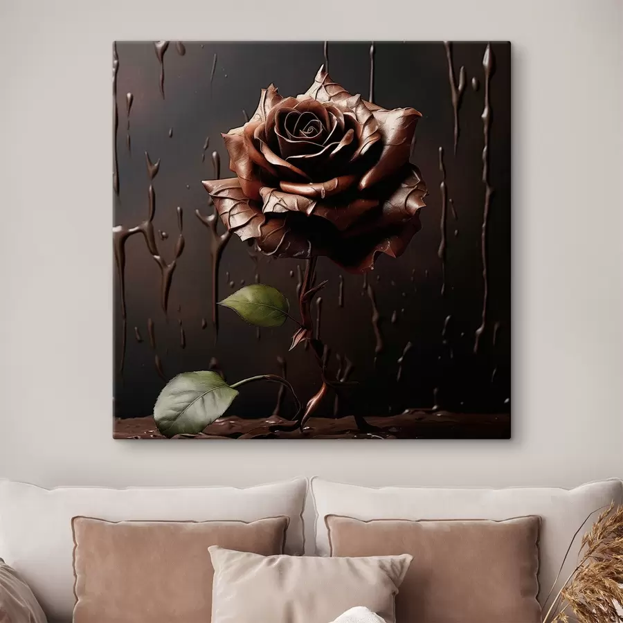 Wandbilder Braune Rose auf dunklem Hintergrund mit Schokoladenspritzern s44381