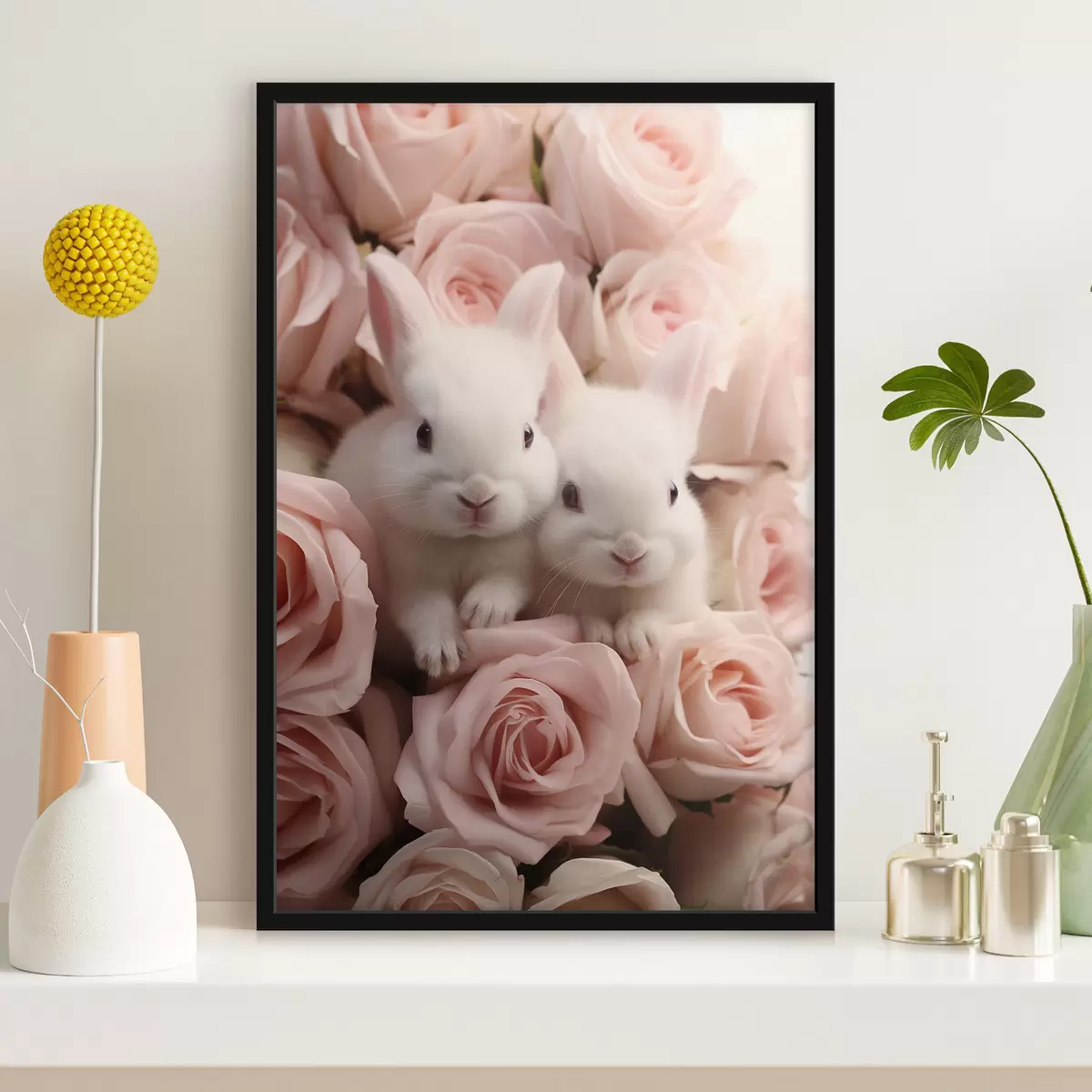 Poster Zwei weiße Kaninchen in zarten Rosenblüten f44380