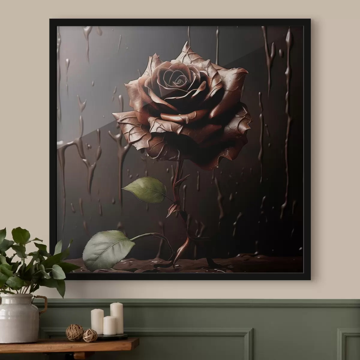 Poster Braune Rose auf dunklem Hintergrund mit Schokoladenspritzern f44381