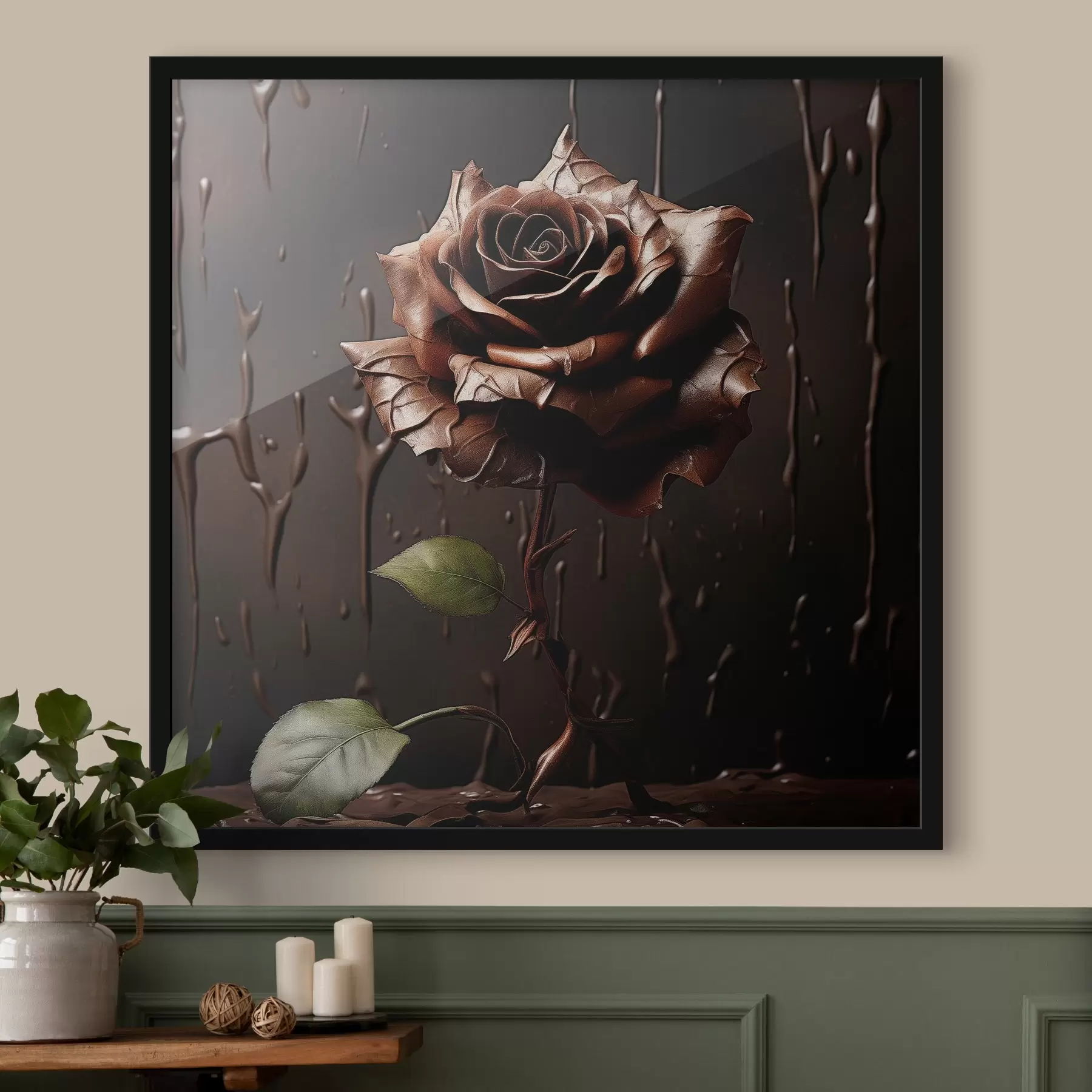 Fototapete Braune Rose auf dunklem Hintergrund mit Schokoladenspritzern f44381