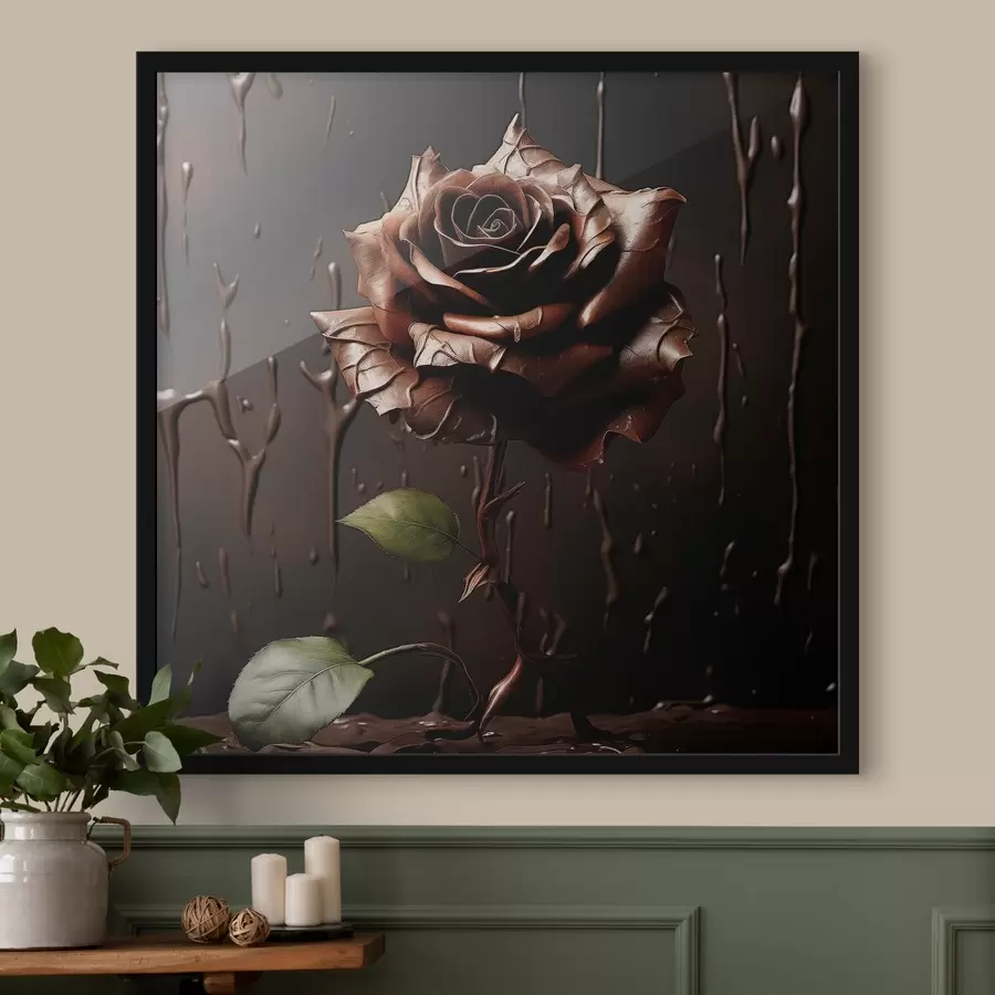 Fototapete Braune Rose auf dunklem Hintergrund mit Schokoladenspritzern f44381