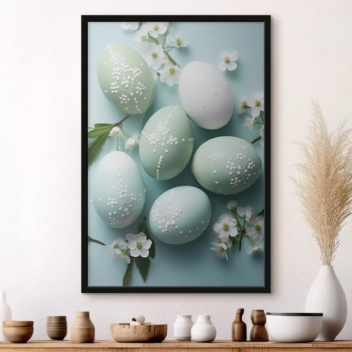 Poster Hase mit Blumen auf einem zarten beigen Hintergrund im Aquarellstil f44386