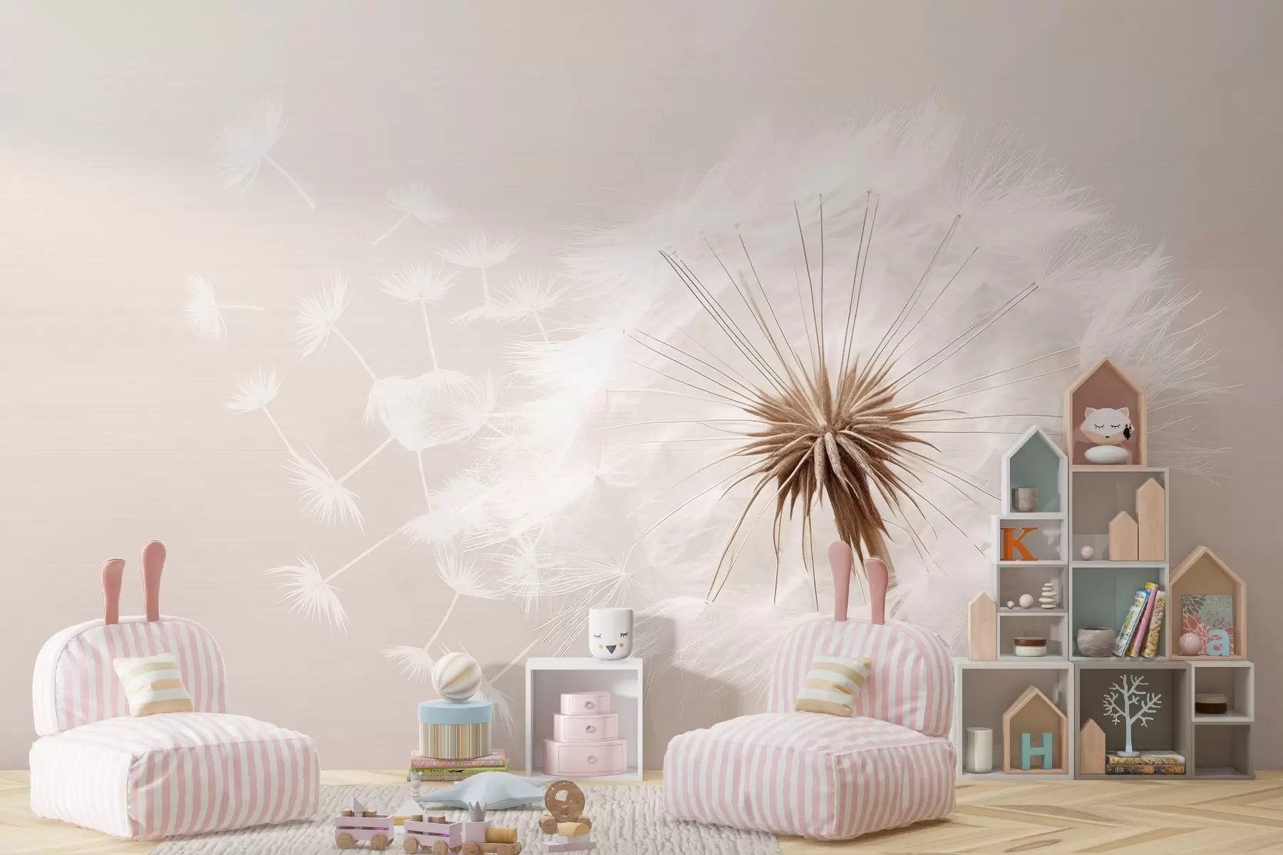 Fototapete Moderne, weiche Blumenkomposition mit einem voll erblühten Löwenzahnkopf und schwebenden Samen vor einer zarten, textilartigen Textur w03939