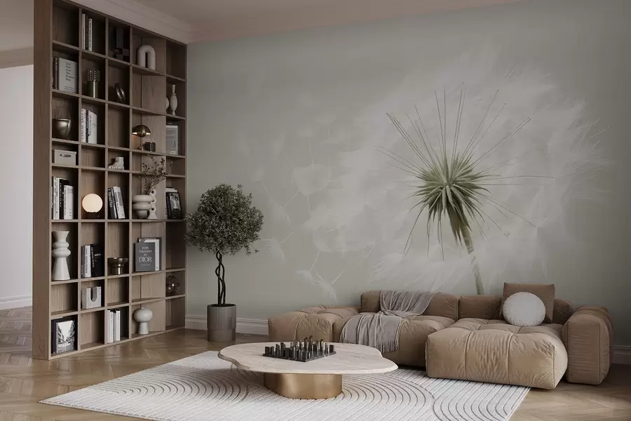 Fototapete Moderne, weiche Blumenkomposition mit einem voll erblühten Löwenzahnkopf und schwebenden Samen vor einer zarten, textilartigen Textur w03939v1