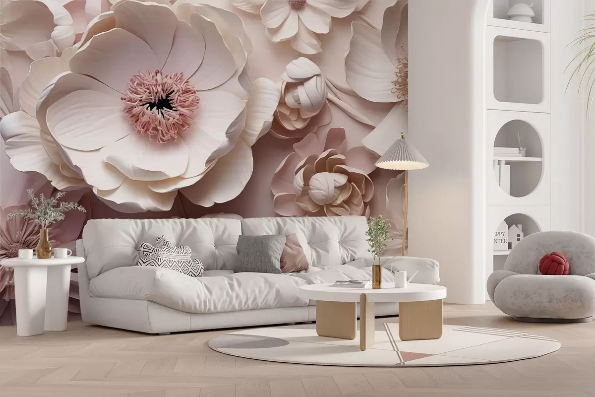 Fototapete Volumetrische Blumenkomposition mit zarten, papier- oder textilähnlichen Blütenblättern in Elfenbein-, Vanille- und Rougetönen auf einer warmen beigen Leinwand. w03945v1