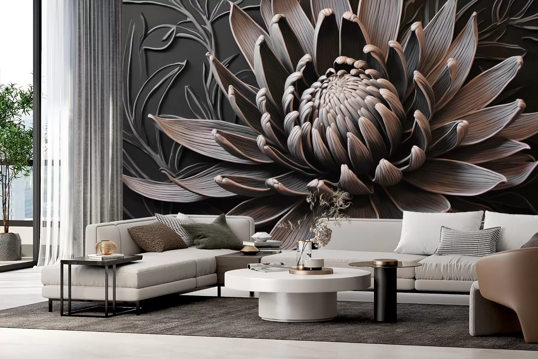 Fototapete Protea-Blüte, beige und schwarz w03930