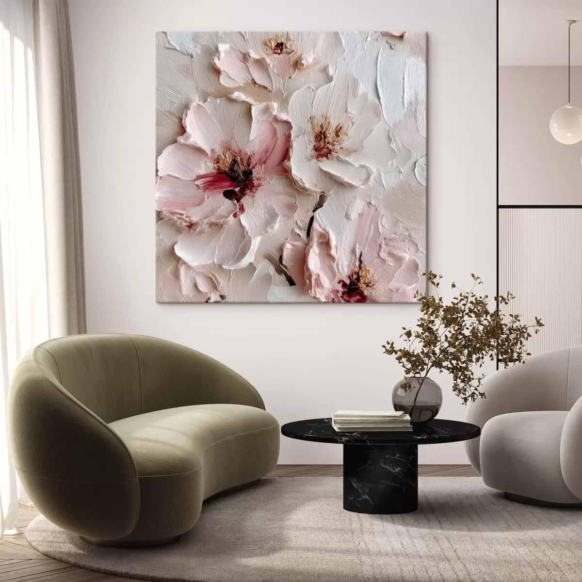 Wandbilder Blumen mit Imitation im Impasto-Stil in rosa und weißen Strichen s44333