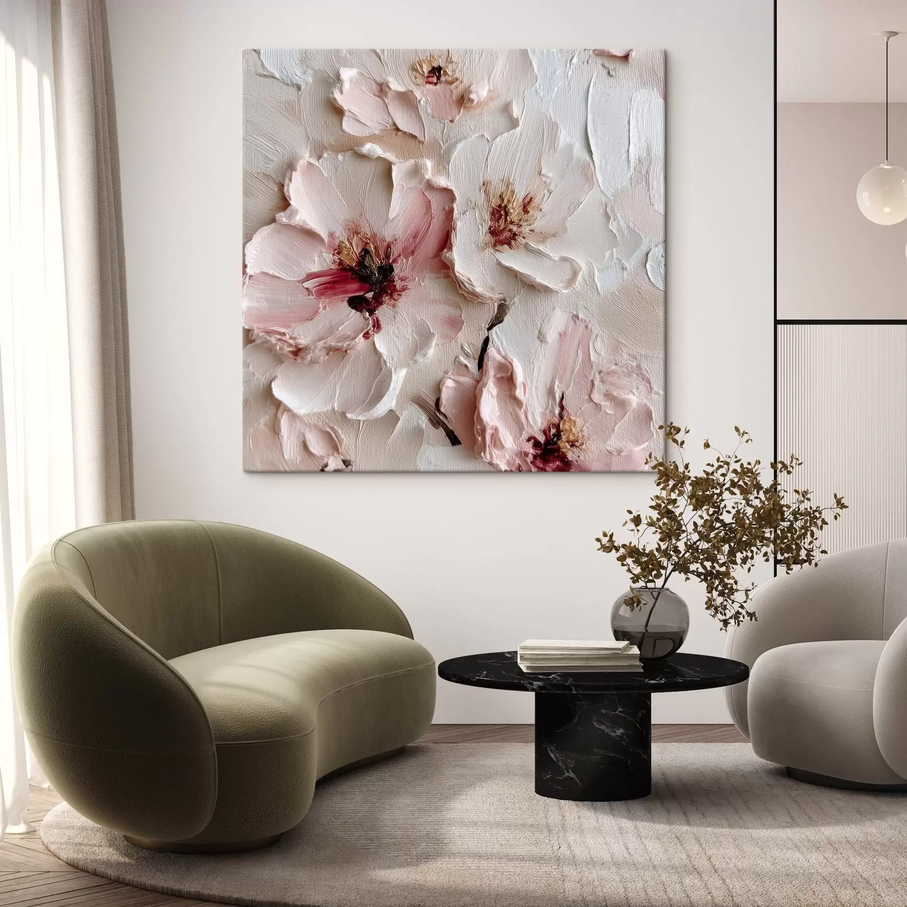 Fototapete Blumen mit Imitation im Impasto-Stil in rosa und weißen Strichen s44333