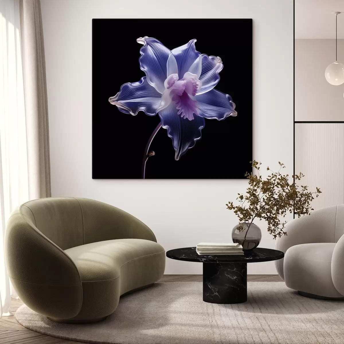 Wandbilder Transluzente Blütenblätter mit Adern auf schwarzem Hintergrund s44347