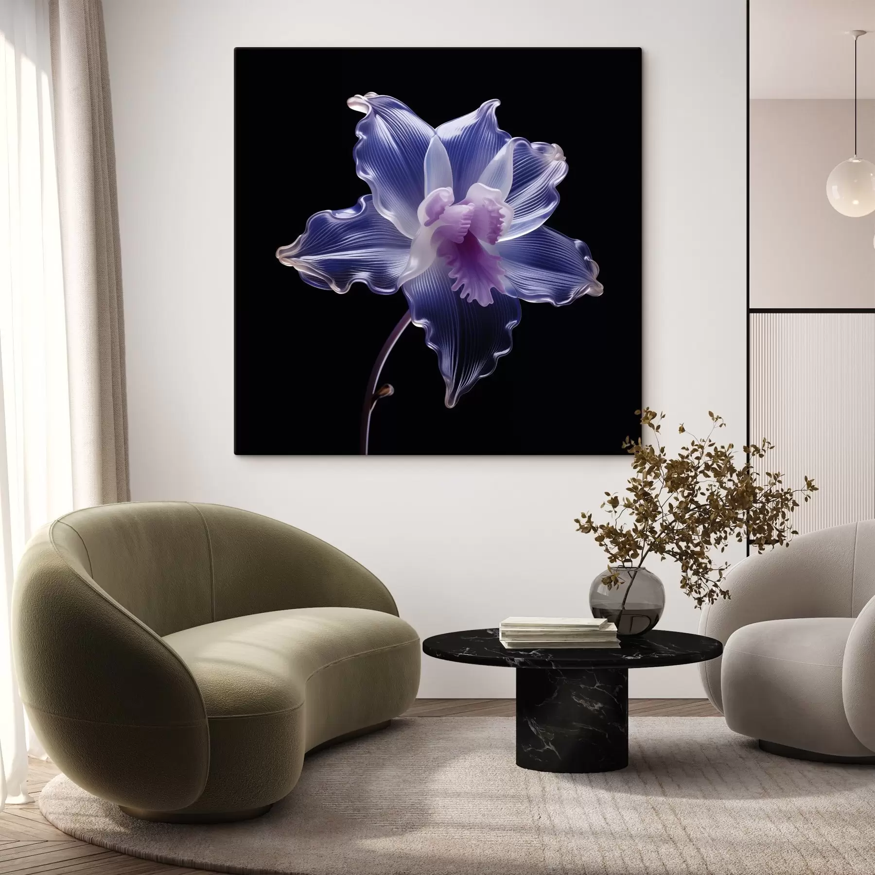 Wandbilder Transluzente Blütenblätter mit Adern auf schwarzem Hintergrund s44347