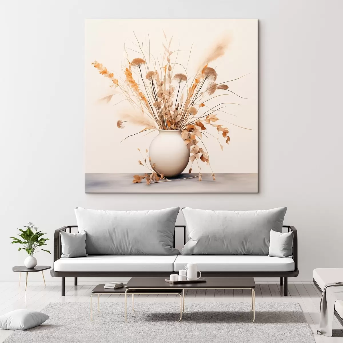 Wandbilder Arrangement aus getrockneten Gräsern und Blumen in einer weißen Vase s44348