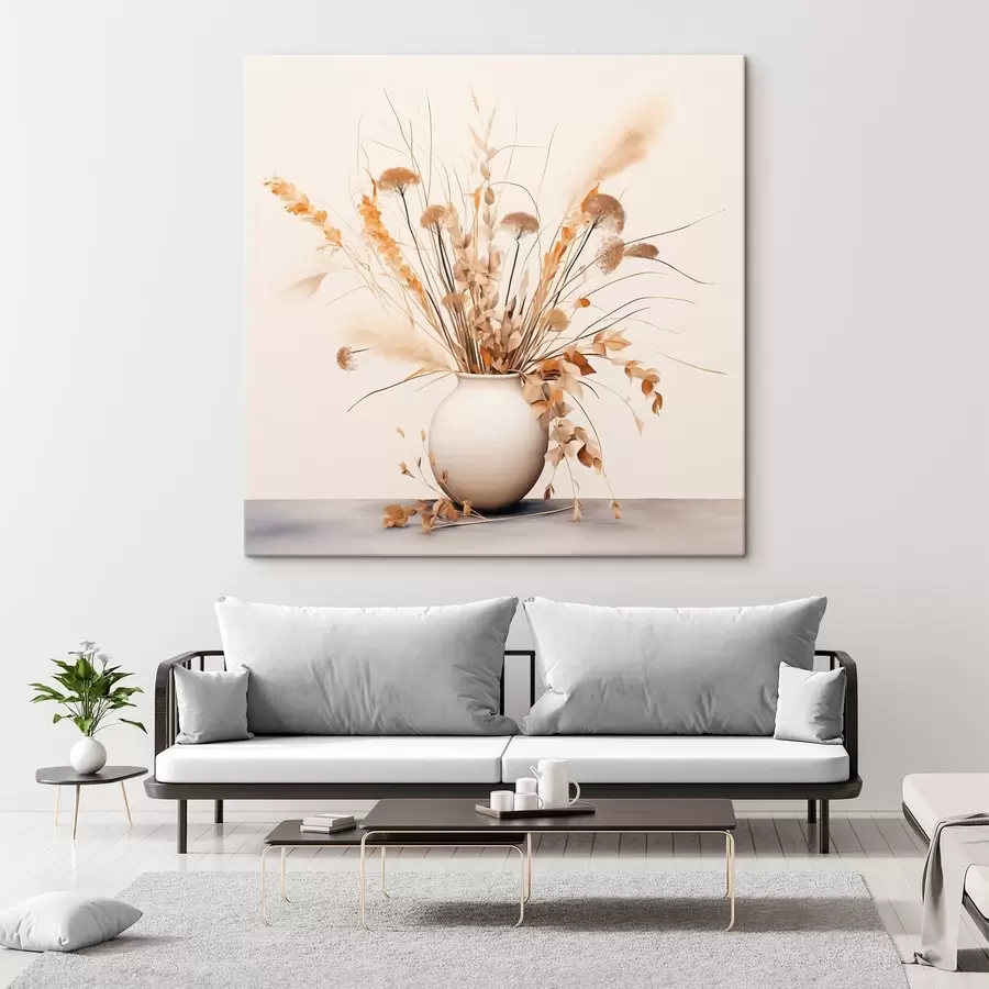 Wandbilder Arrangement aus getrockneten Gräsern und Blumen in einer weißen Vase s44348