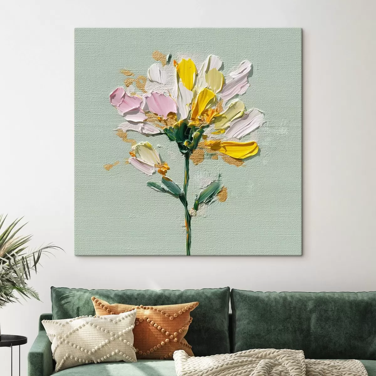 Wandbilder Sonniger Blumenstrauß auf mintfarbenem Hintergrund s44354