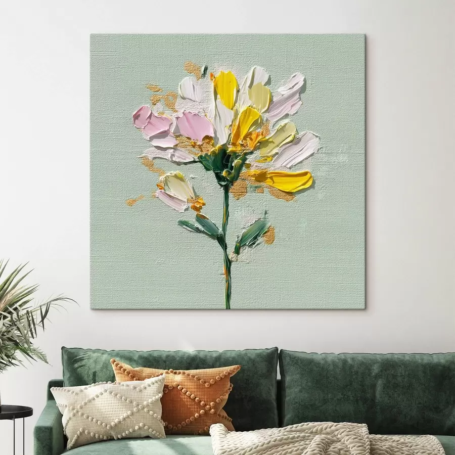 Wandbilder Sonniger Blumenstrauß auf mintfarbenem Hintergrund s44354