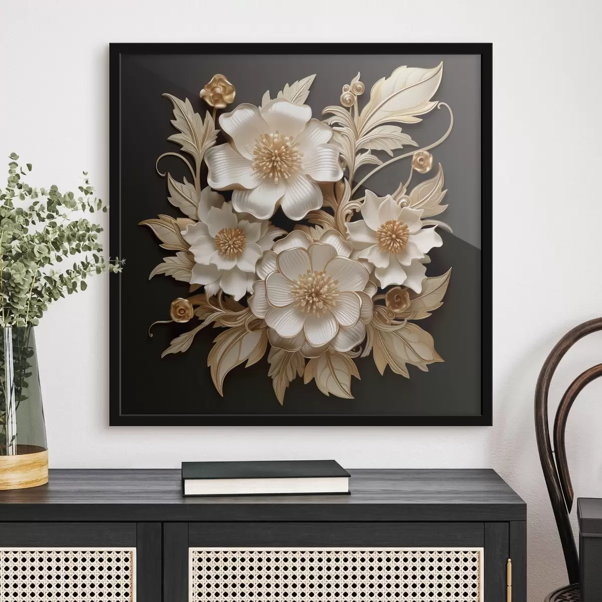 Poster Voluminöse weiße Blumen auf schwarzem Hintergrund f44340