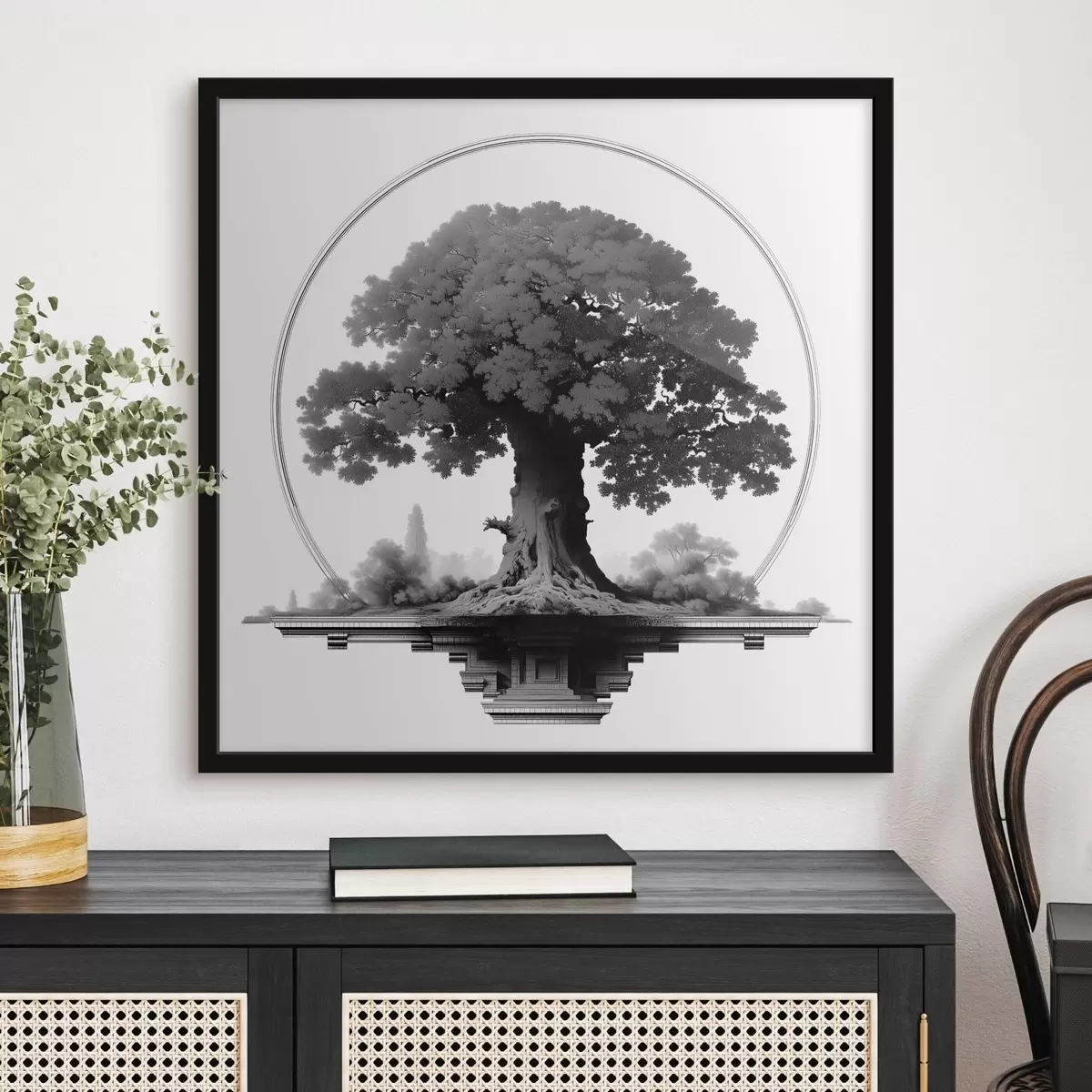 Poster Monochromer Baum mit mächtigem Stamm und weit ausladender Krone f44346