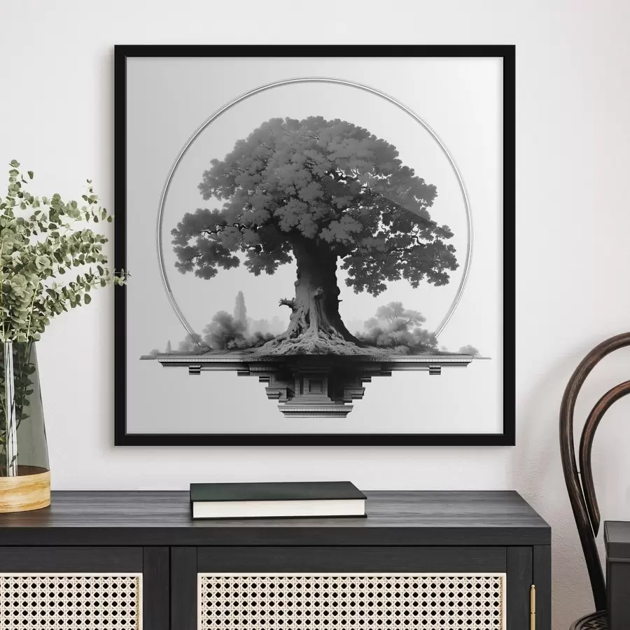 Fototapete Monochromer Baum mit mächtigem Stamm und weit ausladender Krone f44346