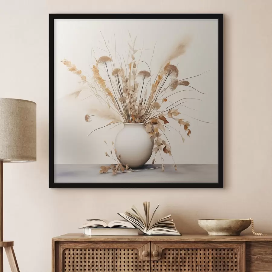 Fototapete Arrangement aus getrockneten Gräsern und Blumen in einer weißen Vase f44348