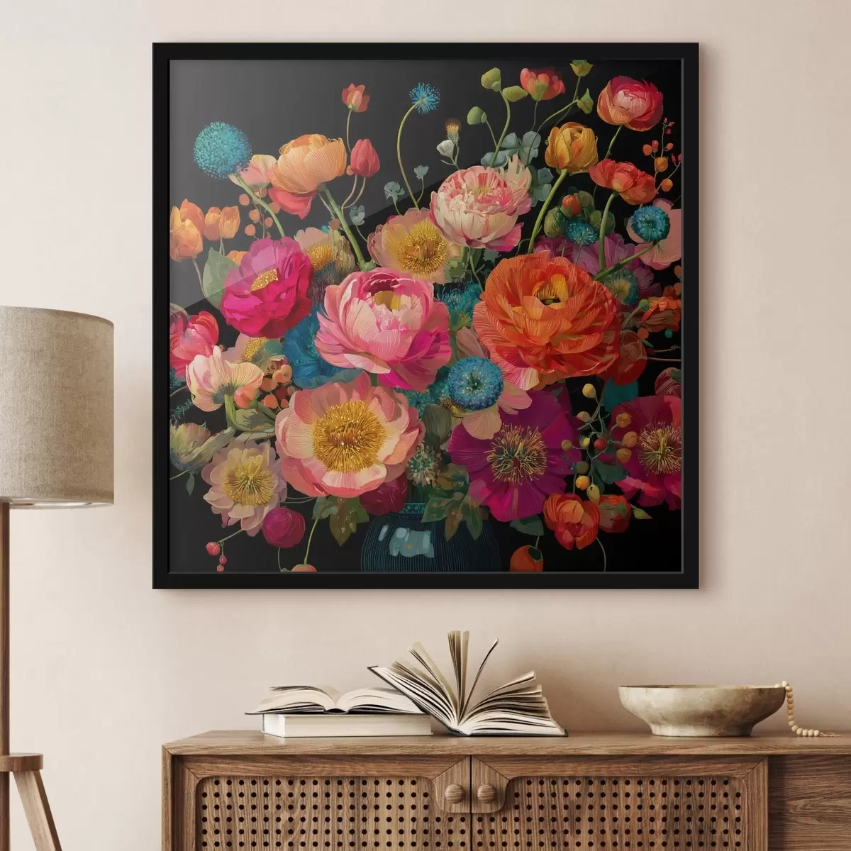 Poster Blumenextravaganz auf schwarzem Hintergrund f44352