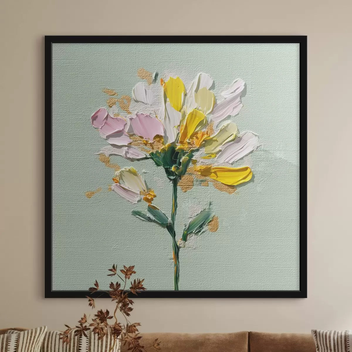 Poster Sonniger Blumenstrauß auf mintfarbenem Hintergrund f44354