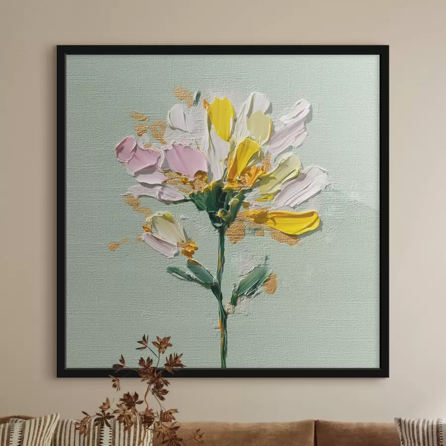 Fototapete Sonniger Blumenstrauß auf mintfarbenem Hintergrund f44354