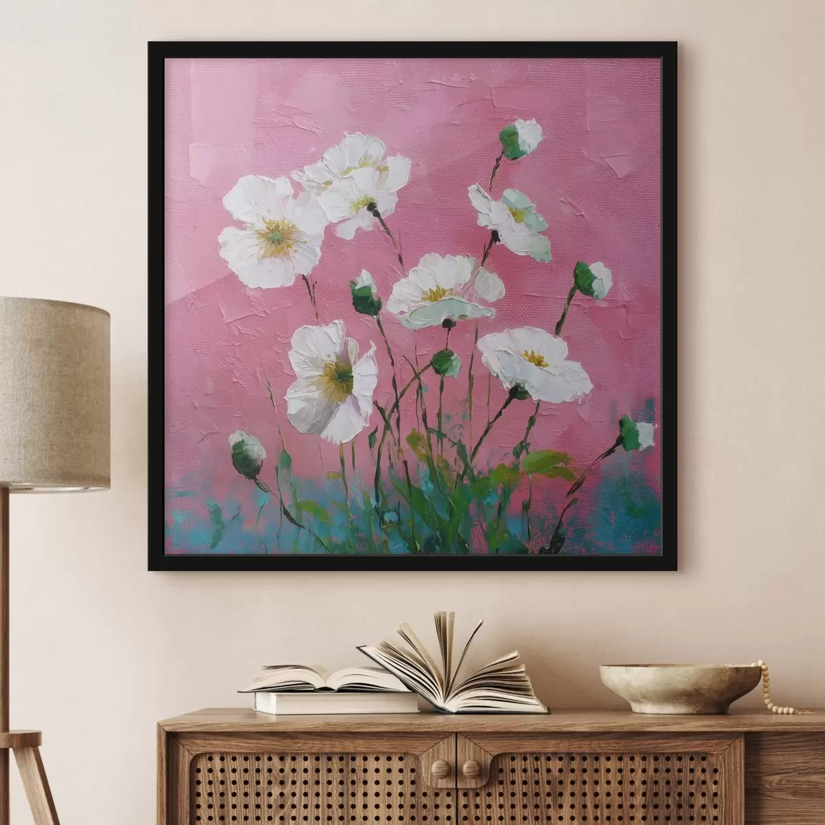 Poster Weiße Blumen auf einem rosa Hintergrund f44360