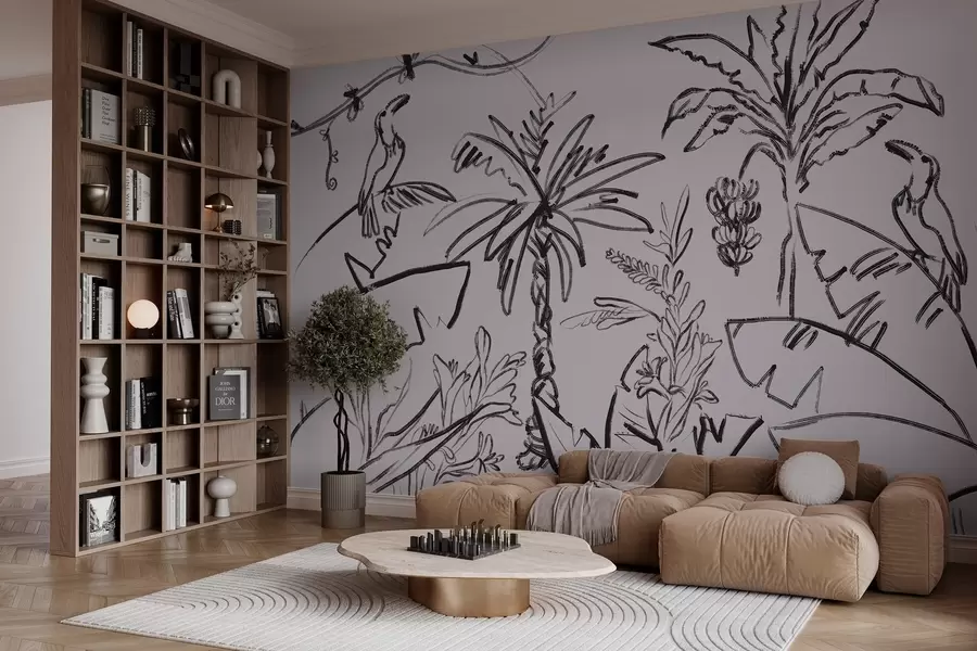 Fototapete Tropisches Muster in schwarzer Farbe, Palmen, Bananen, Umrissgrafik w04020v7