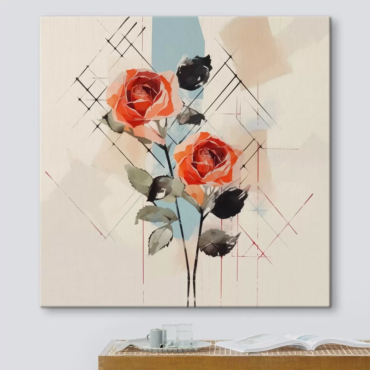 Wandbilder Rosen auf einem Hintergrund aus Linien und Flecken s44421