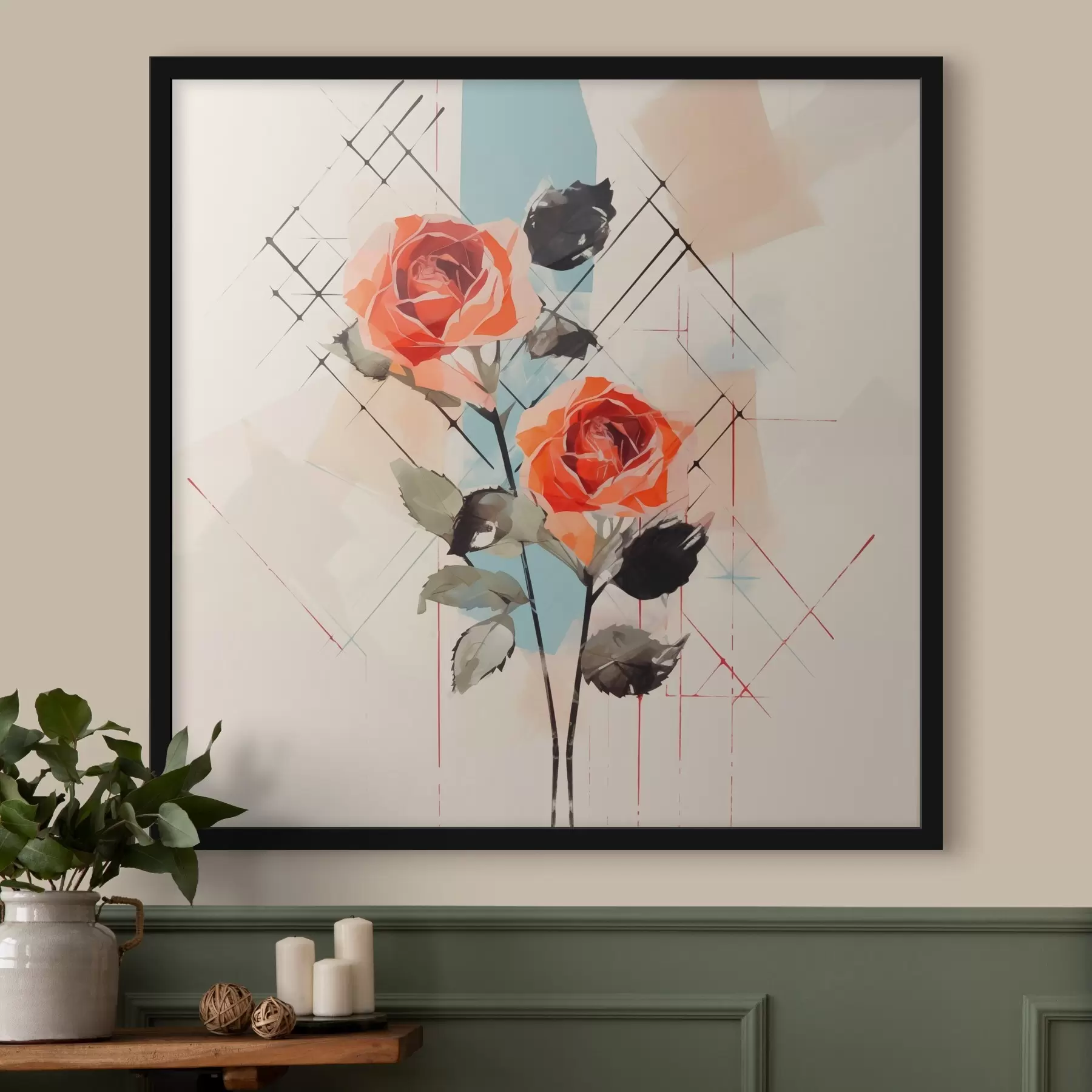 Fototapete Rosen auf einem Hintergrund aus Linien und Flecken f44421