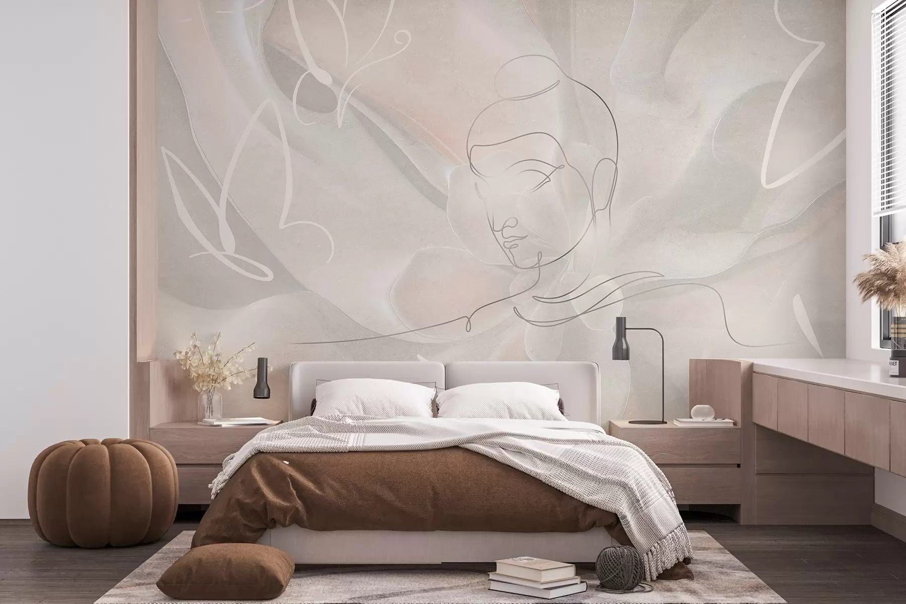 Fototapete Florale Abstraktion mit Buddha-Linienzeichnung, beige Farben w04004