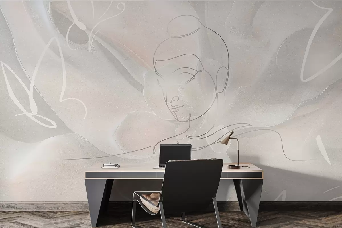 Fototapete Florale Abstraktion mit Buddha-Linienzeichnung, beige Farben w04004