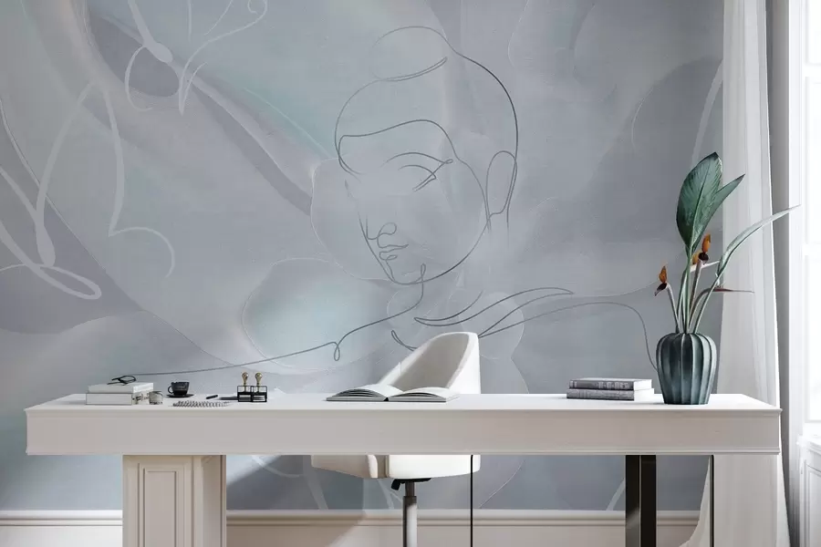 Fototapete Florale Abstraktion mit Buddha-Linienzeichnung, blaue Farben w04004v1