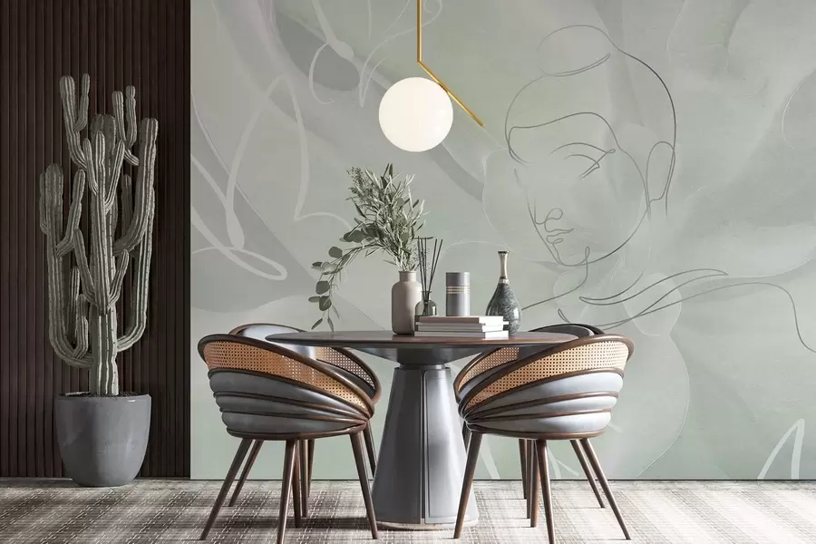 Fototapete Florale Abstraktion mit Buddha-Linienzeichnung, grüne Farben w04004v3