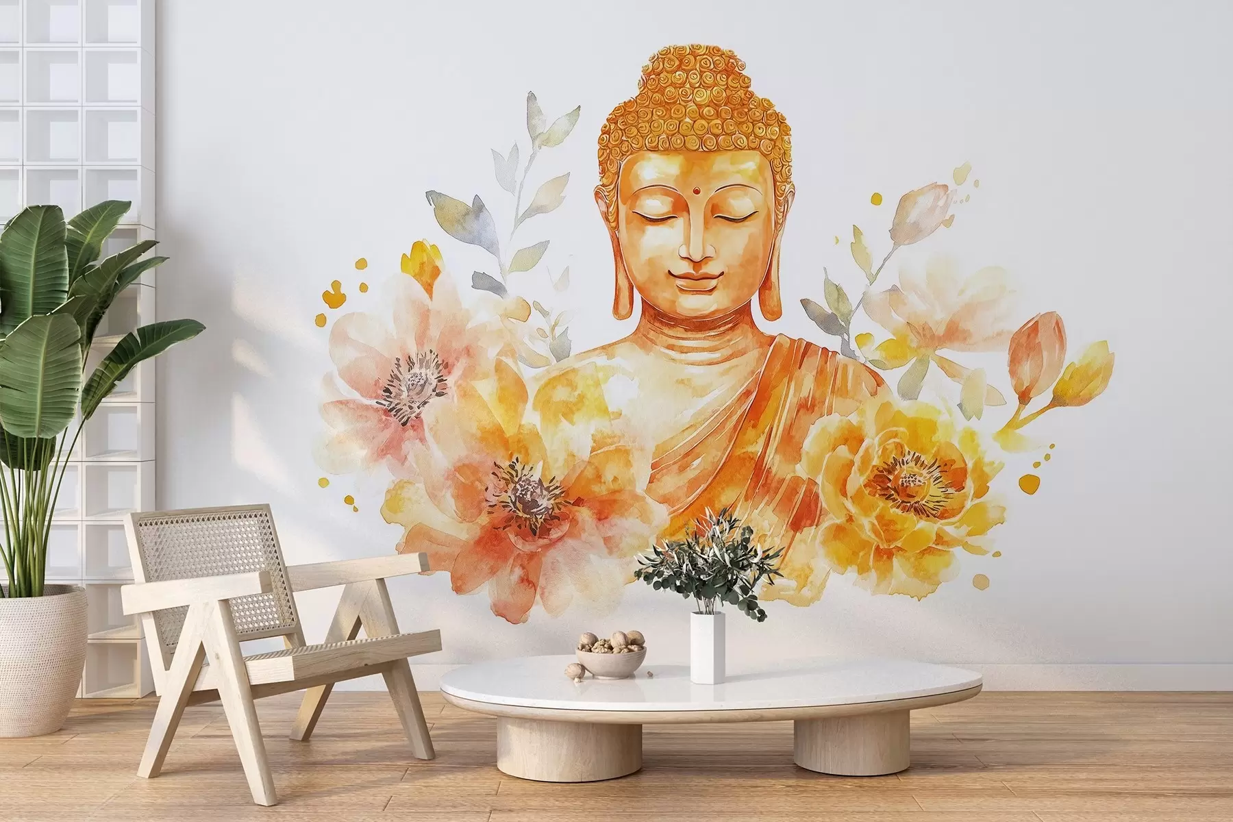 Fototapete Aquarell-Buddha mit Blumen, spirituell, orange Farbpalette w04005