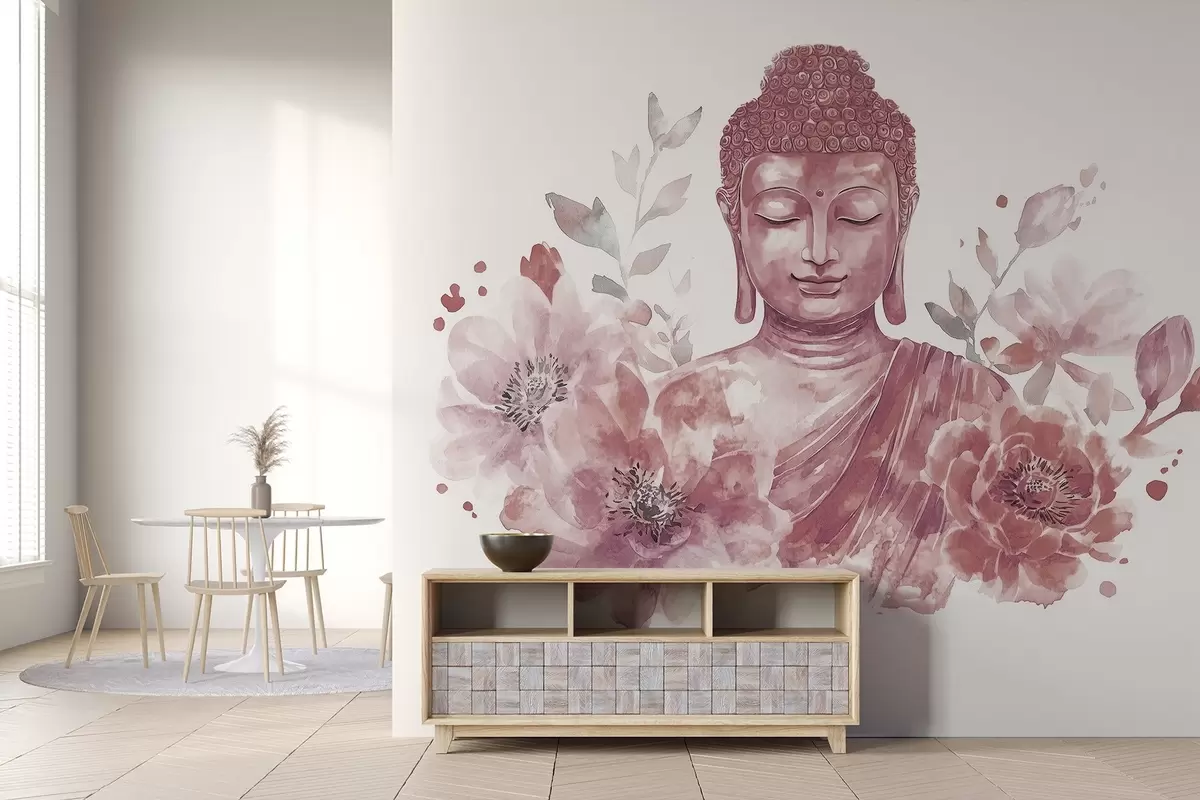 Fototapete Aquarell-Buddha mit Blumen, spirituell, bordeauxfarbene Farbpalette w04005v2