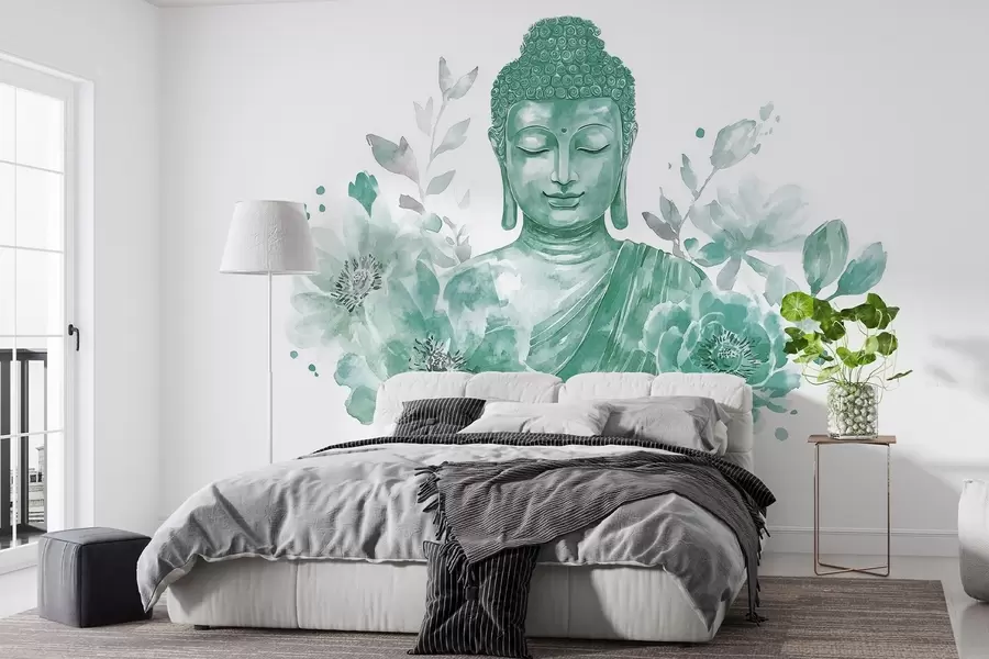 Fototapete Aquarell-Buddha mit Blumen, spirituell, grüne Farbpalette w04005v3