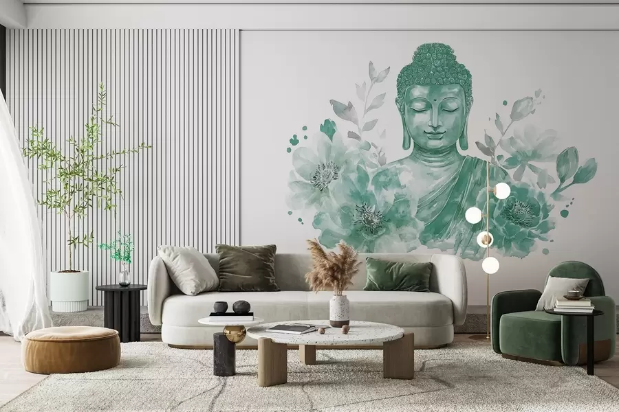Fototapete Aquarell-Buddha mit Blumen, spirituell, grüne Farbpalette w04005v3