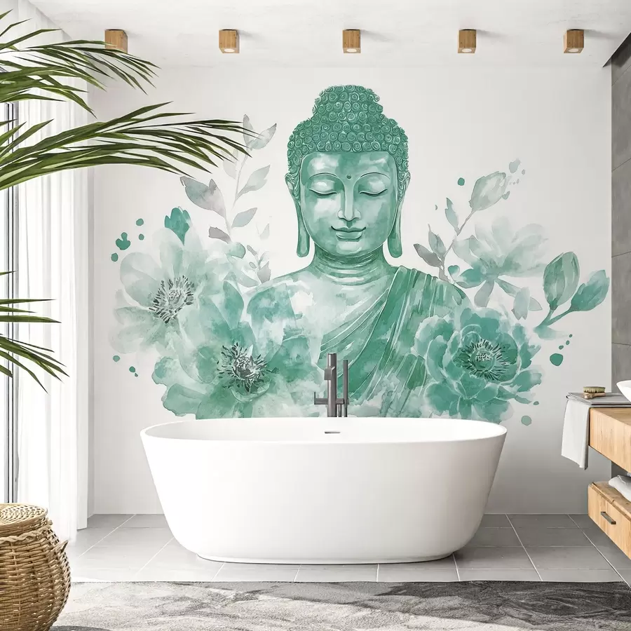 Fototapete Aquarell-Buddha mit Blumen, spirituell, grüne Farbpalette w04005v3