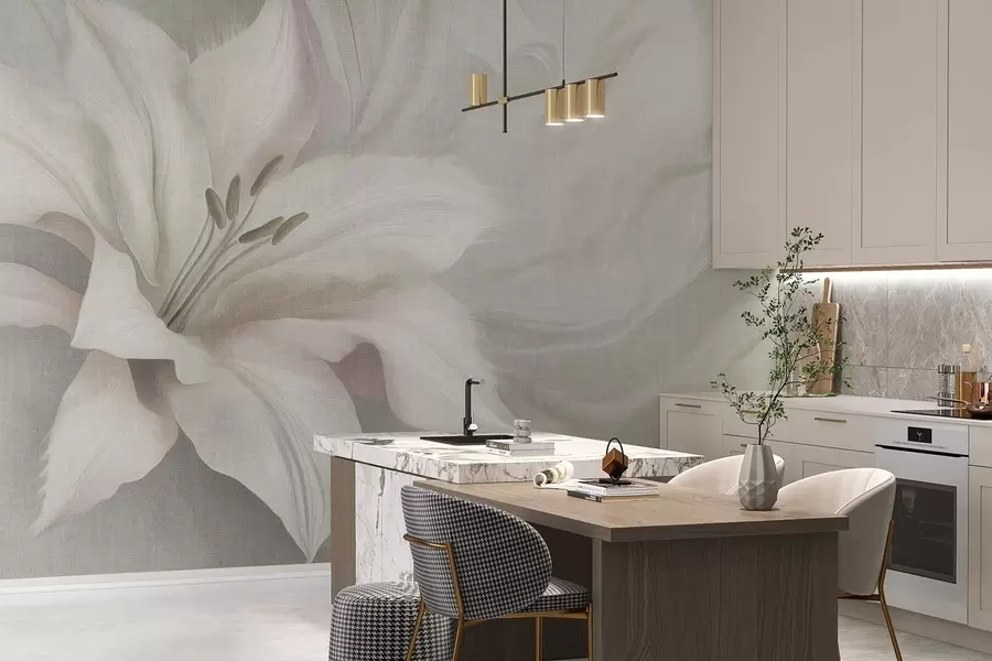 Fototapete Lilie Blume Flüssigkeit Abstraktion, floral, graue Farben w04006v2