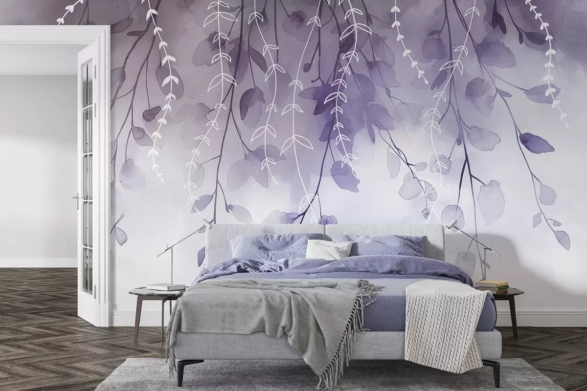 Fototapete Äste mit Blättern im Aquarellstil, natürliche lila Farben w04007v2