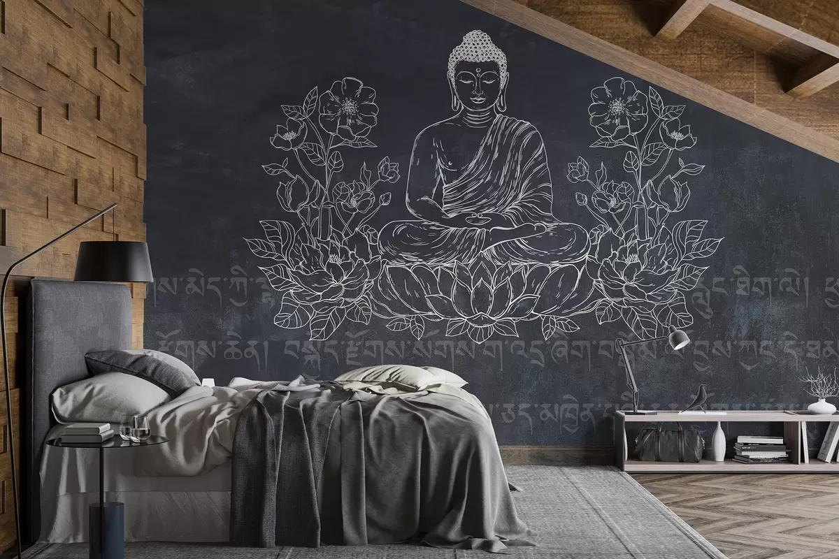 Fototapete Meditierender Buddha mit Lotosblüten, Strichzeichnung, orientalisch, dunkler Hintergrund w04008