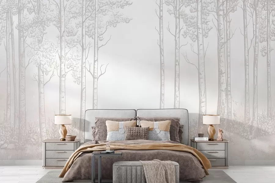 Fototapete Wald mit Birken, Minimalismus, Natur, beige Farbpalette w04009v3