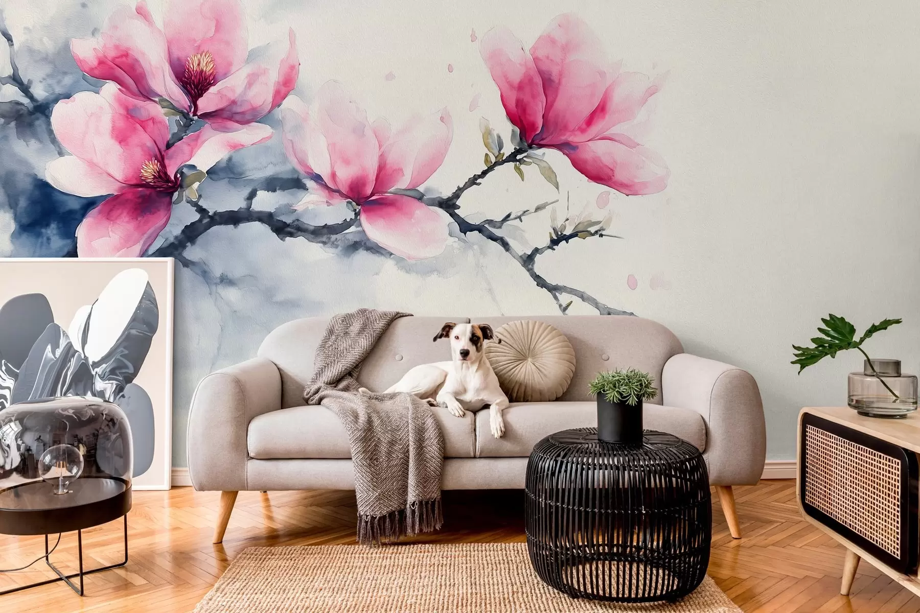 Fototapete blühender Zweig einer rosa Magnolie auf elfenbeinfarbenem Hintergrund w04027