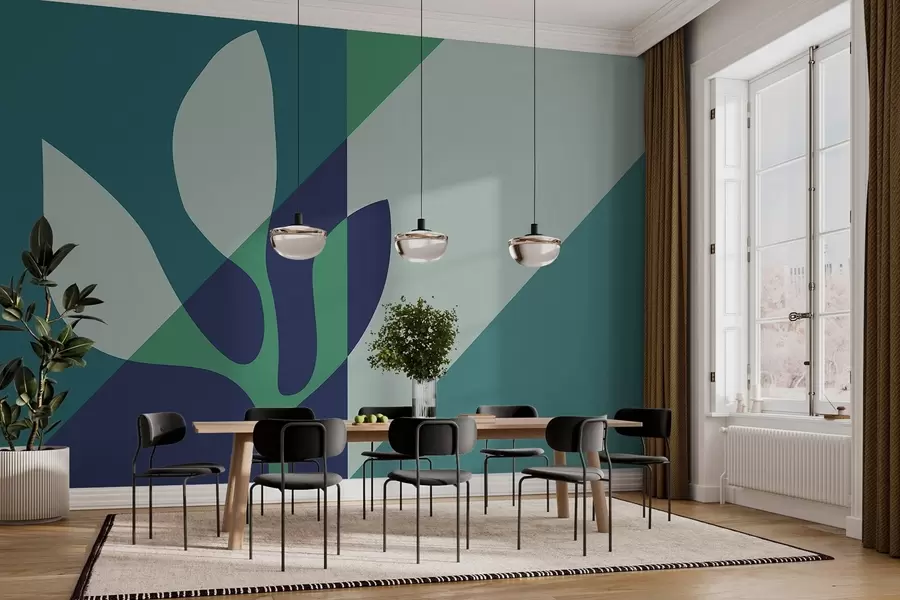 Fototapete abstrakte Grafik Pflanze auf dem Hintergrund der Geometrie in Blautönen w04028v1