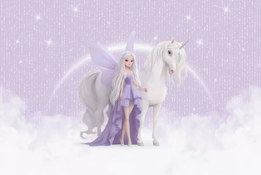 Fototapete Eine Fee mit einem Einhorn in den Wolken w03527