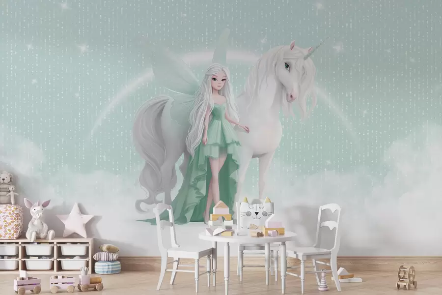 Fototapete Eine Fee mit einem Einhorn in den Wolken w03527v2